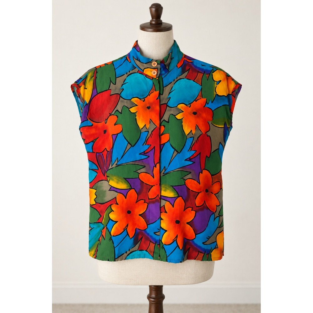Vintage Sleeveless Bold Floral Button Up Blouse Quirky Art to Wear Festival 14
